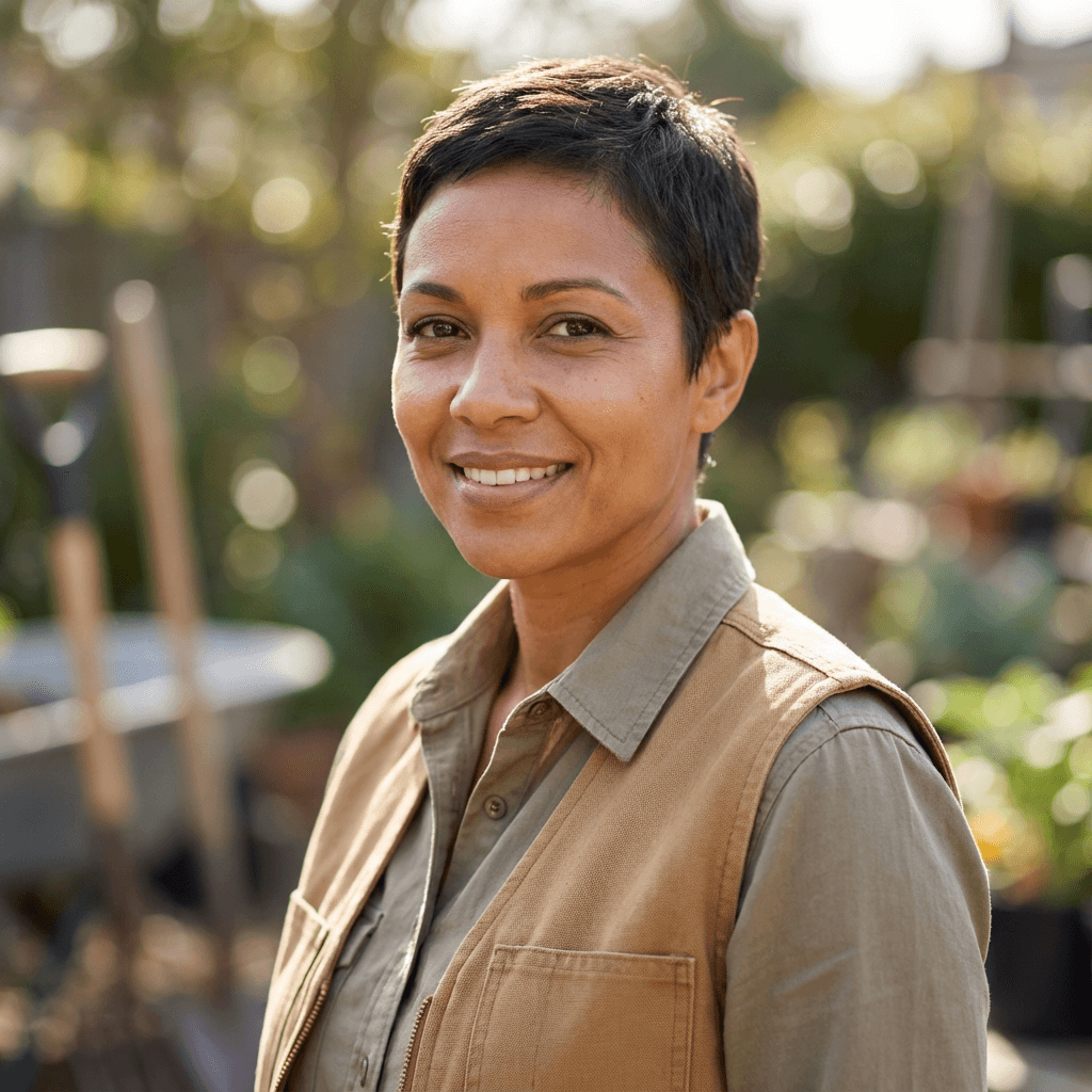 Woman in her mid 40s, soft natural light, calm and grateful expression, casual home setting
