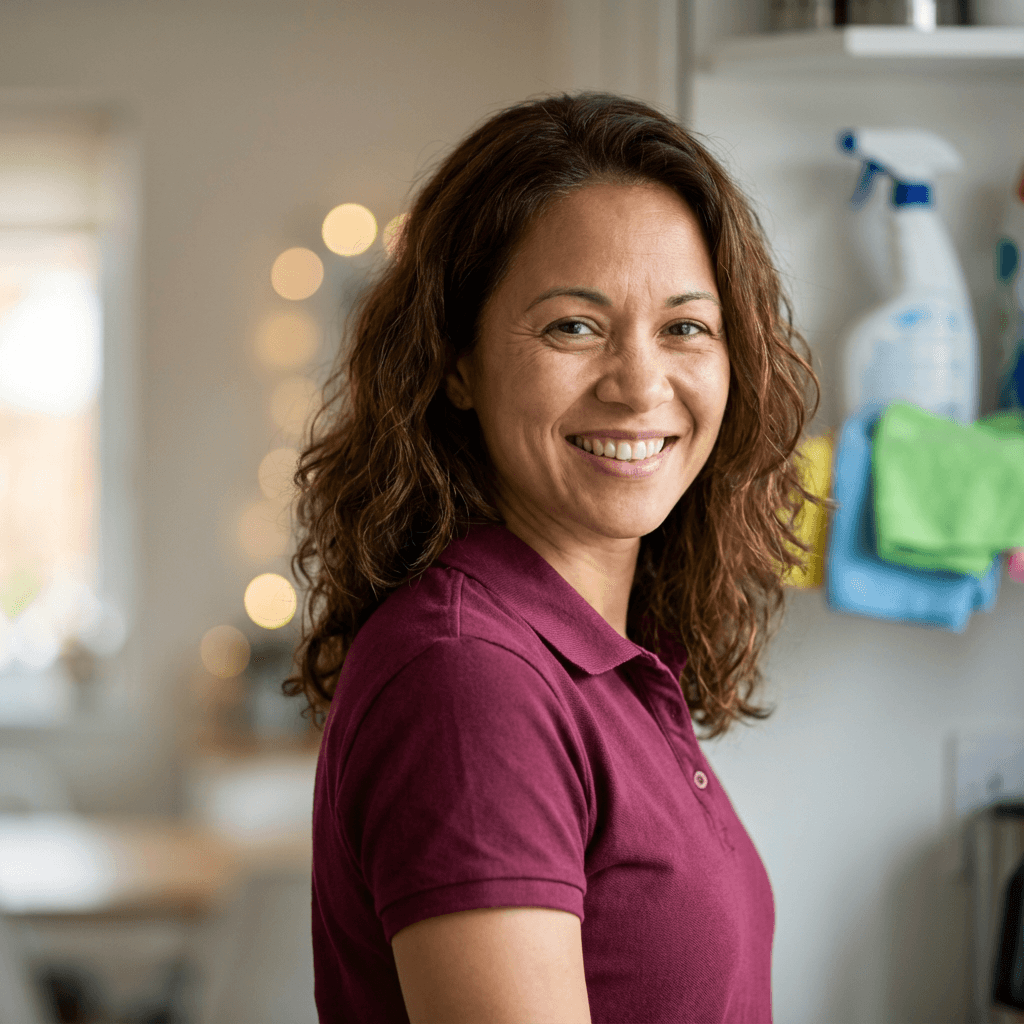 Hispanic woman in her early 50s, gentle and caring expression, soft natural light, home setting