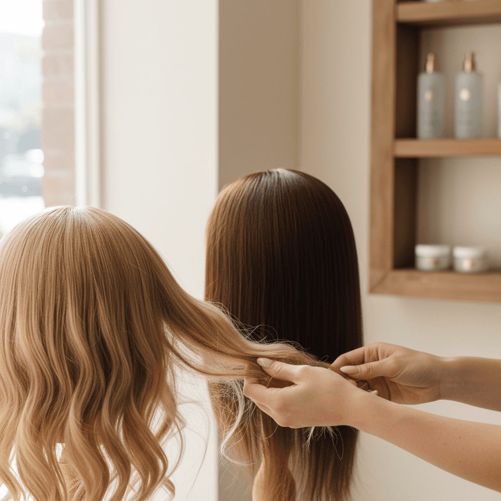 Hand gently brushing a wig on a mannequin head in a bright studio