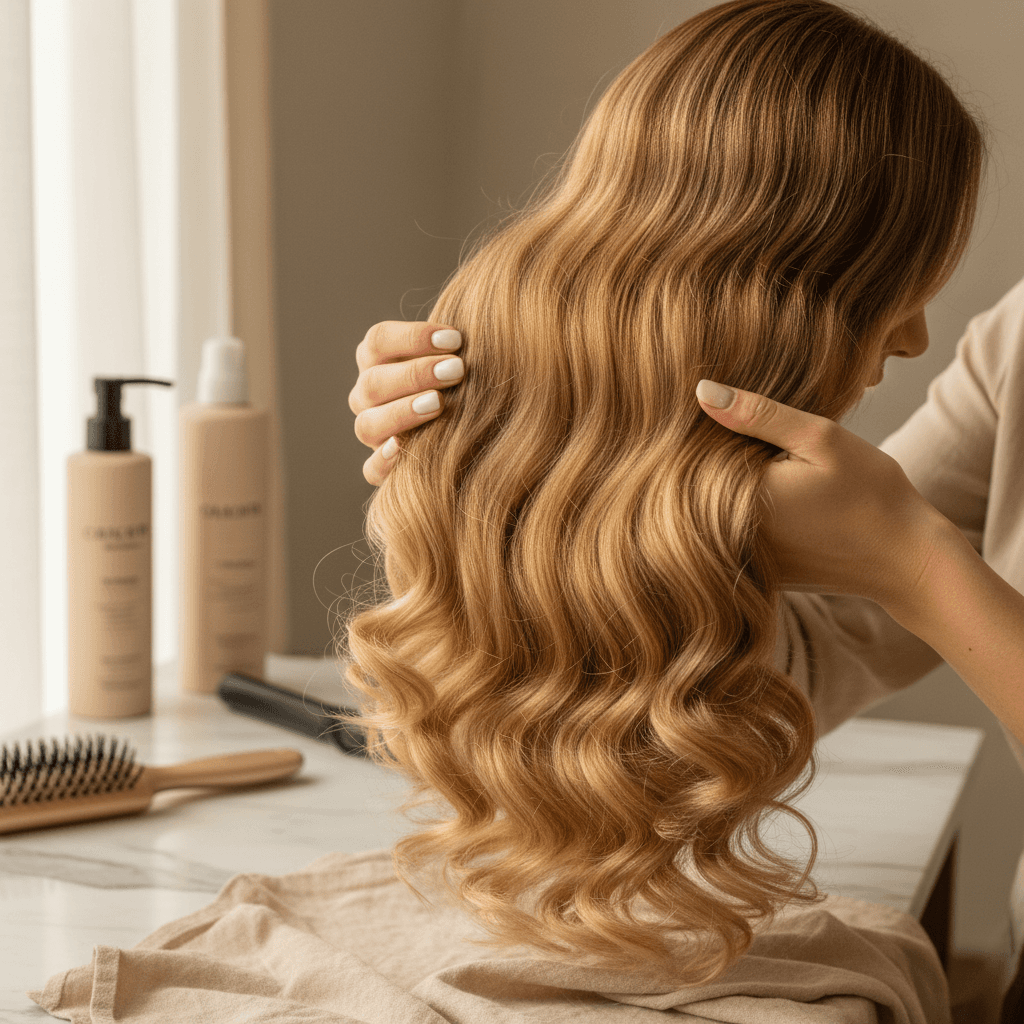 Hands holding a clean, well-maintained wig