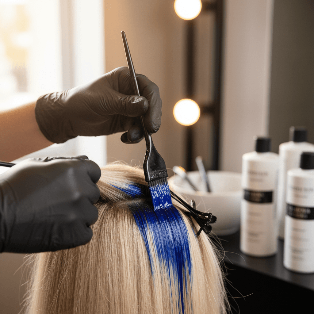 Hand gently brushing the ends of a wig on a cream surface